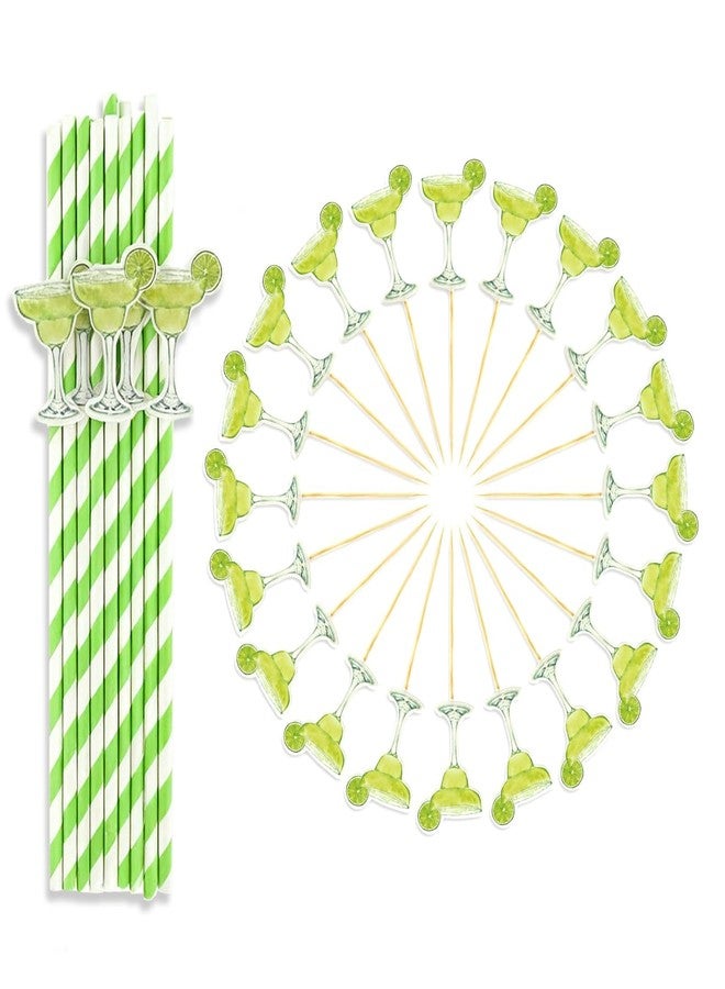 Nextpal 40 Pcs Margarita Straws, Green Striped Straws Margarita Party Favors with Fruit Toothpicks for Margs and Matrimony Bachelorette Decorations, Suitable for Bars family Gatherings - Image 1